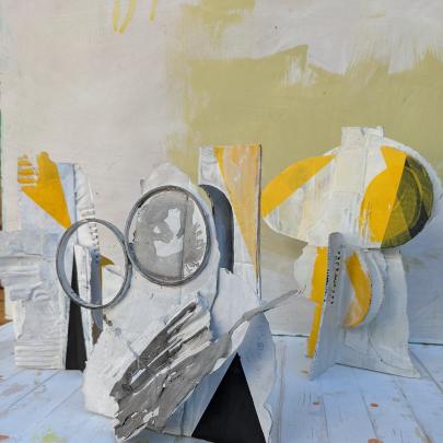Abstract sculpture in yellow and white by Willie Heron