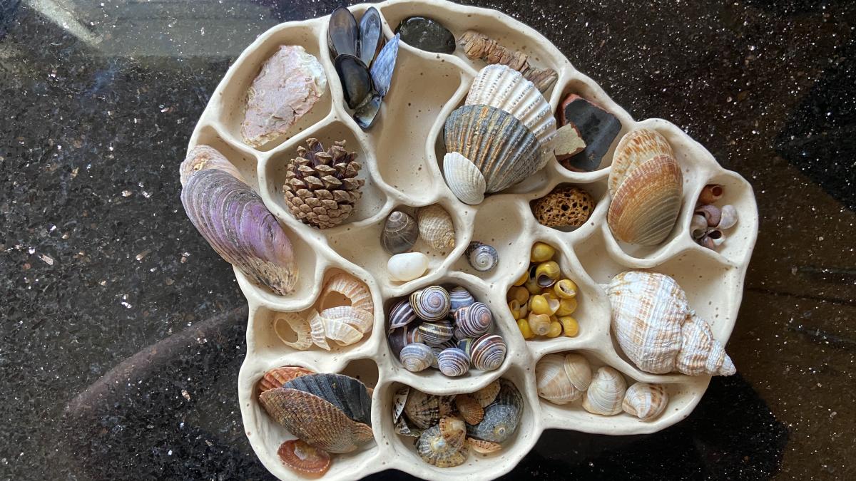 Ceramic treasure tray filled with shells